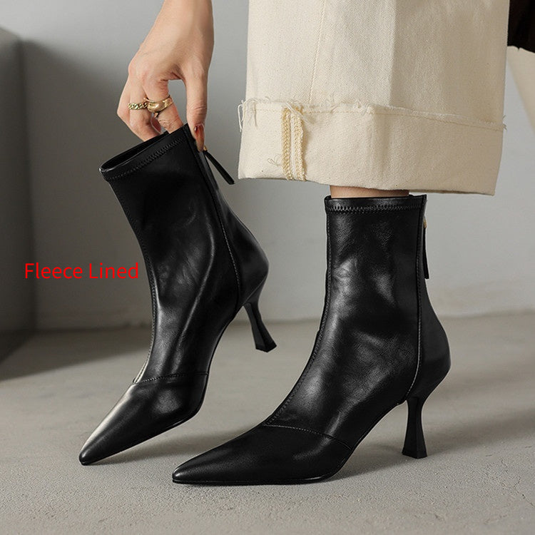 Stiletto-heeled Cowhide Pointed-toe Ankle Boots