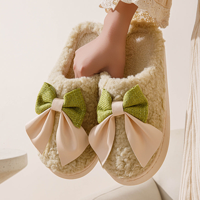 Bow Plush Indoor Couple Slippers