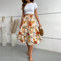 Floral Tiered Midi Skirt With Elastic Waist