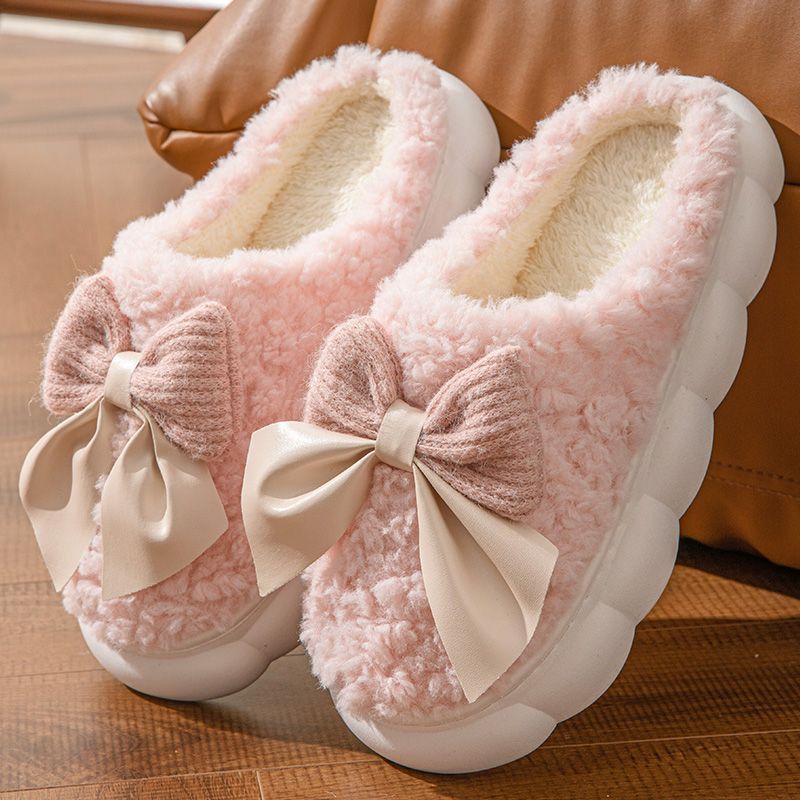 Bow Plush Indoor Couple Slippers