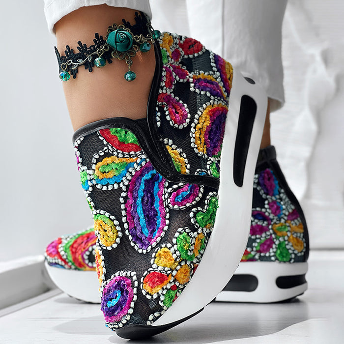 Random Print Lace-Up Elastic Sneakers