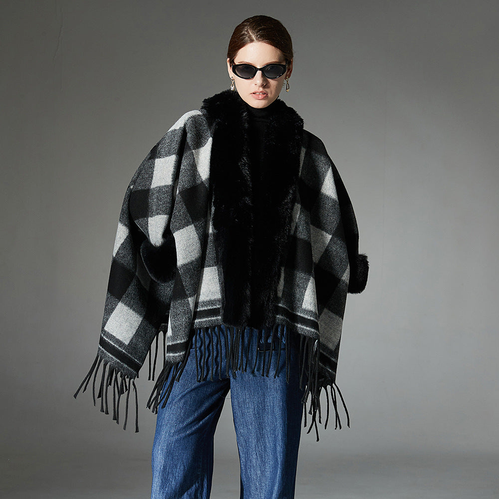New Fur Collar Black And White Plaid Tassel Shawl