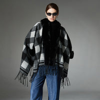 New Fur Collar Black And White Plaid Tassel Shawl