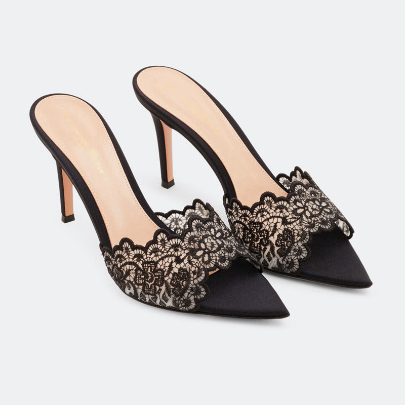 Pointed-toe Stiletto Heel Lace Slippers