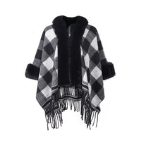 New Fur Collar Black And White Plaid Tassel Shawl