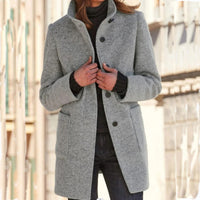 Stand Collar Woolen Coat - Casual Button Outwear