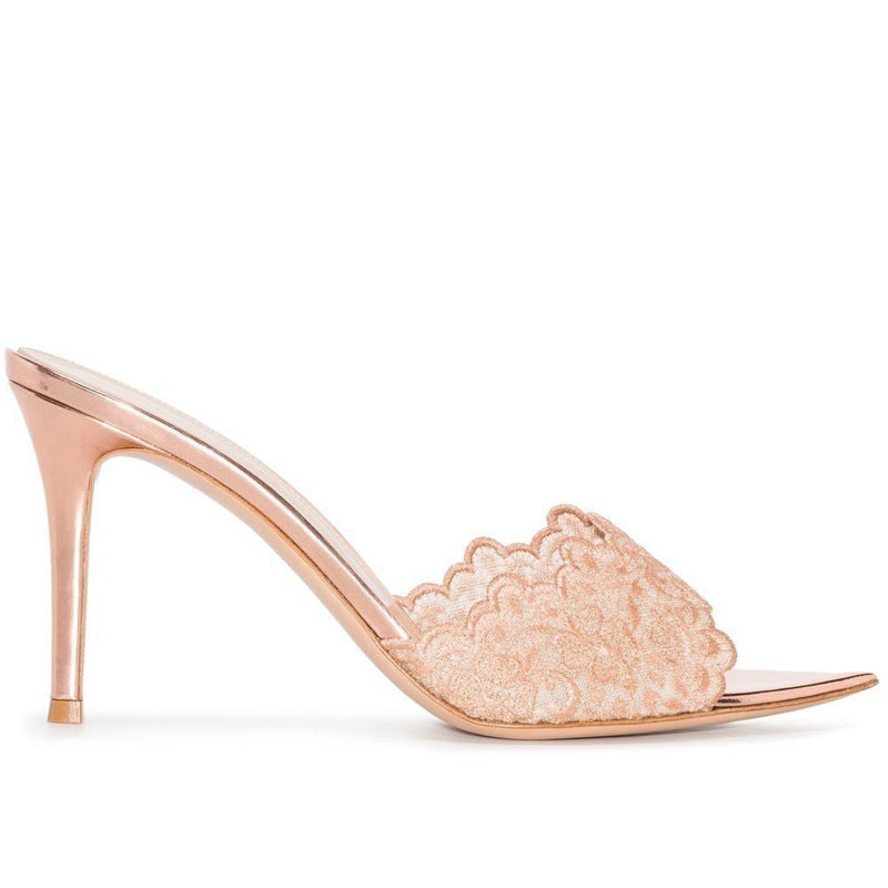 Pointed-toe Stiletto Heel Lace Slippers