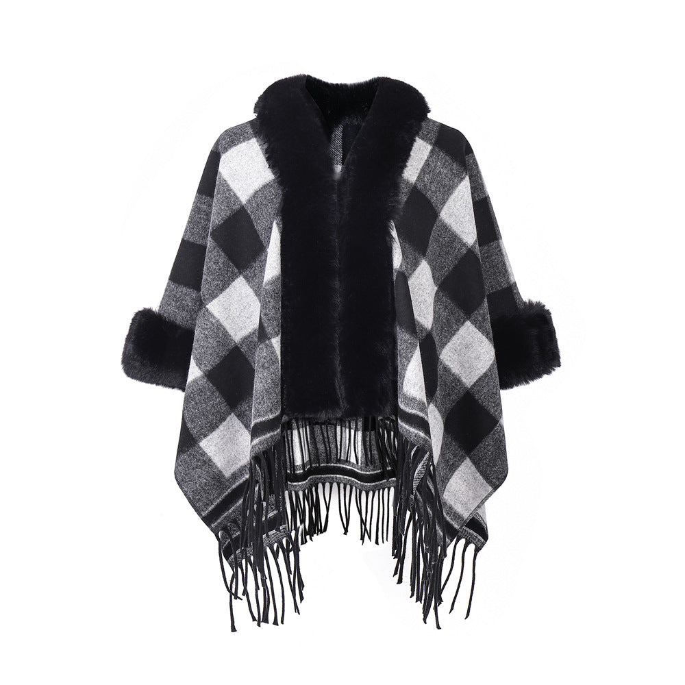 New Fur Collar Black And White Plaid Tassel Shawl