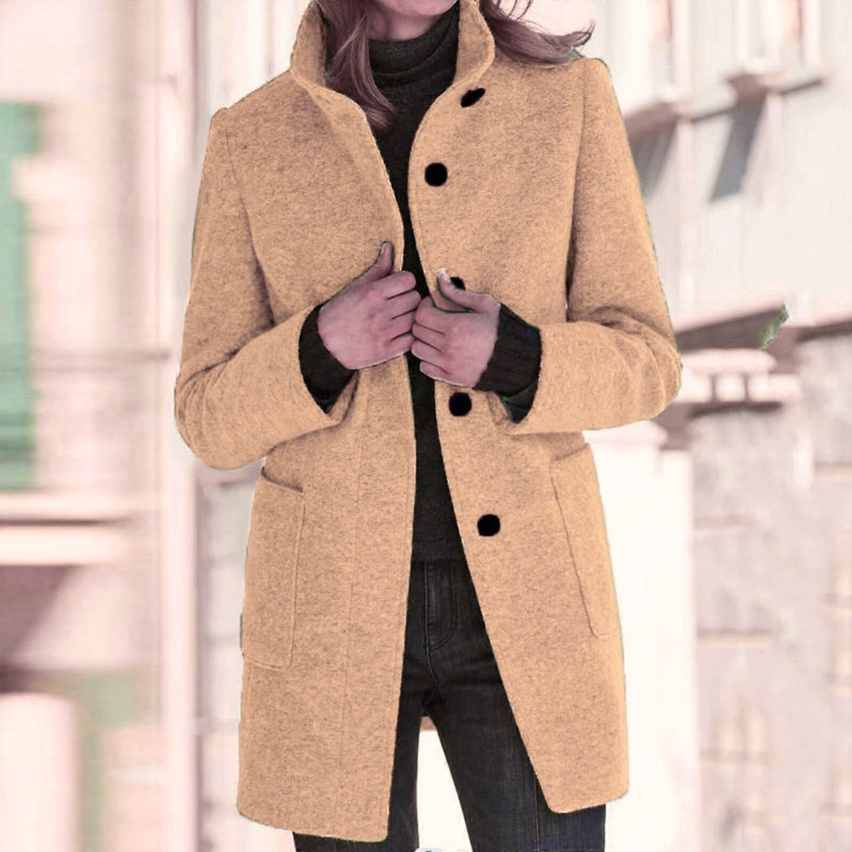 Stand Collar Woolen Coat - Casual Button Outwear
