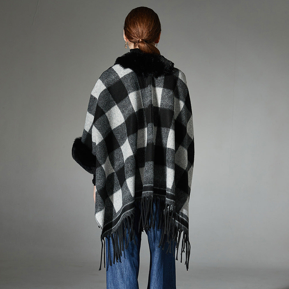 New Fur Collar Black And White Plaid Tassel Shawl