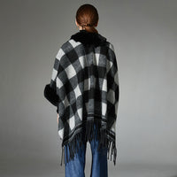 New Fur Collar Black And White Plaid Tassel Shawl