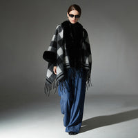 New Fur Collar Black And White Plaid Tassel Shawl