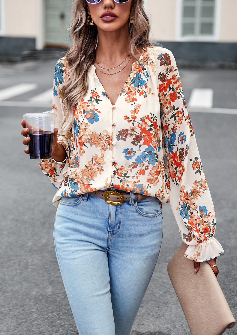 Floral Print V Neck Long Sleeve Shirts