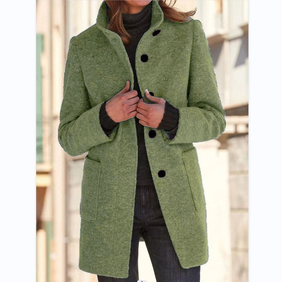 Stand Collar Woolen Coat - Casual Button Outwear