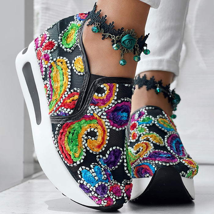 Random Print Lace-Up Elastic Sneakers
