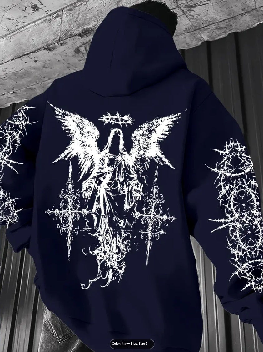Mens 3D Digital Print Hoodie With Angel Wings Pattern