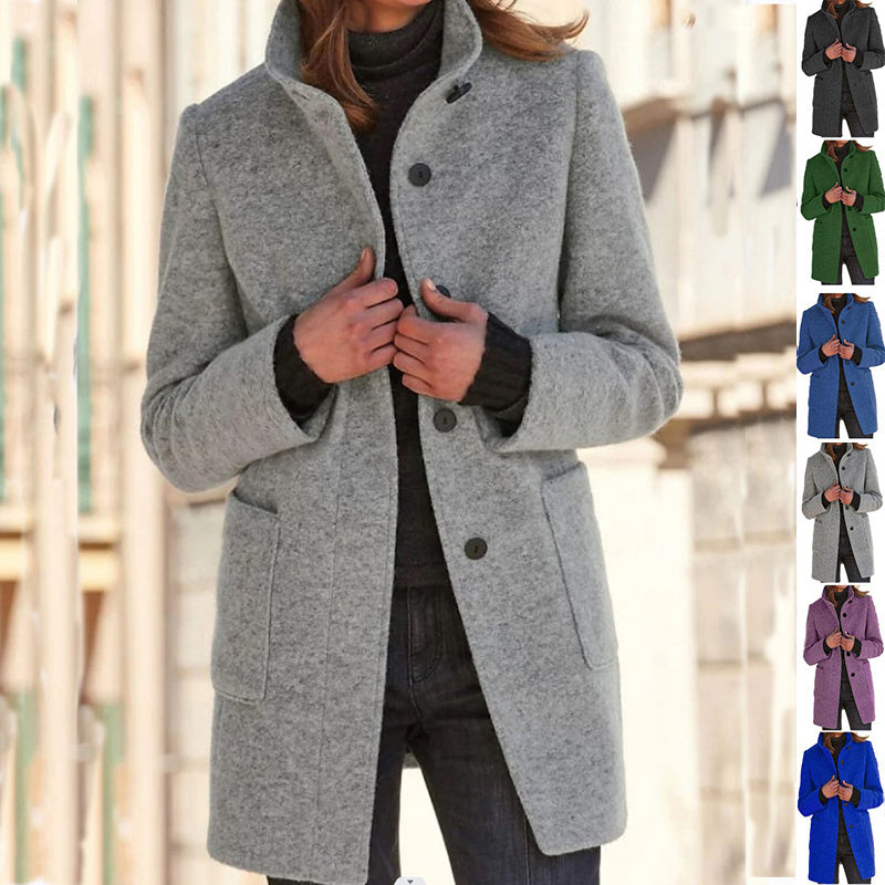 Stand Collar Woolen Coat - Casual Button Outwear