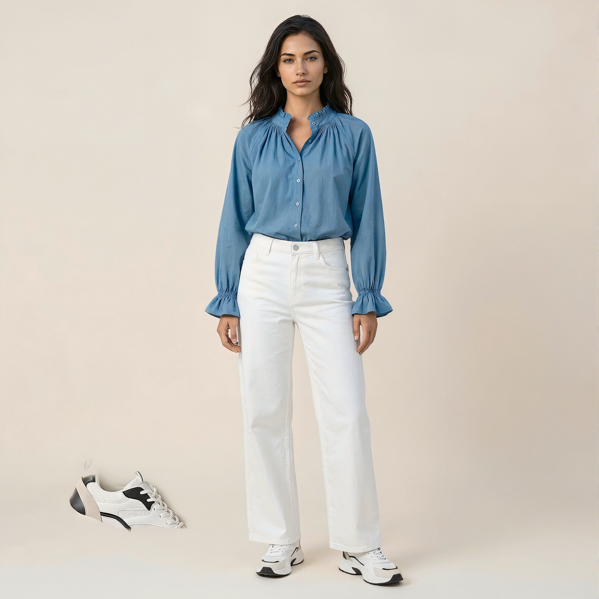 Lantern-sleeve V-neck Ruffled Blouse Top