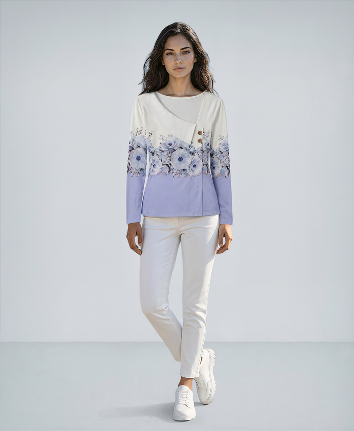 Diagonal Collar Flower Printed T-shirt