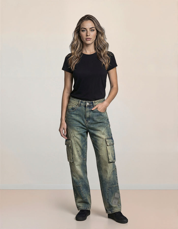 Deconstructed Design Washed Jeans