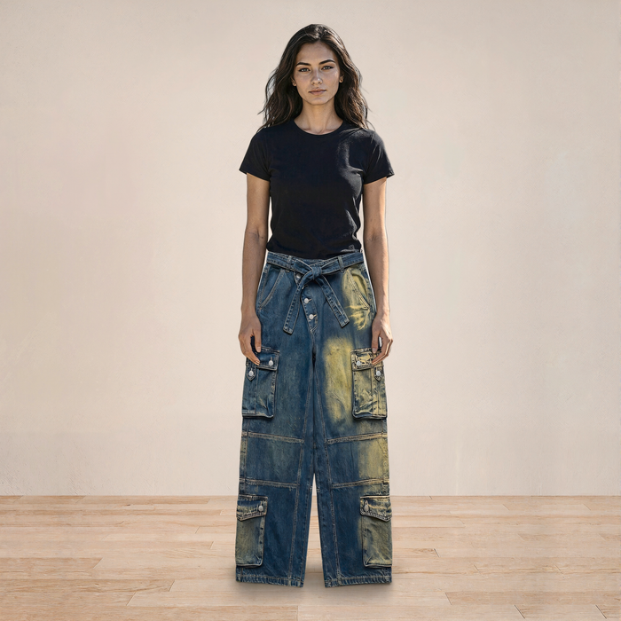 Plus Size Retro Washed Cargo denim